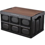 Folding Picnic Basket with Lid, Durable Water Resistant Plastic Crate, Collapsible Grocery Carrier, Black Trunk Boot Storage Box